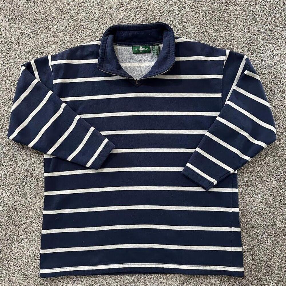 Hunt Club pullover 1/4 zip Large blue white stripes vintage‎